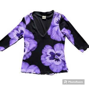 90s Vintage Purple Floral Mesh Blouse